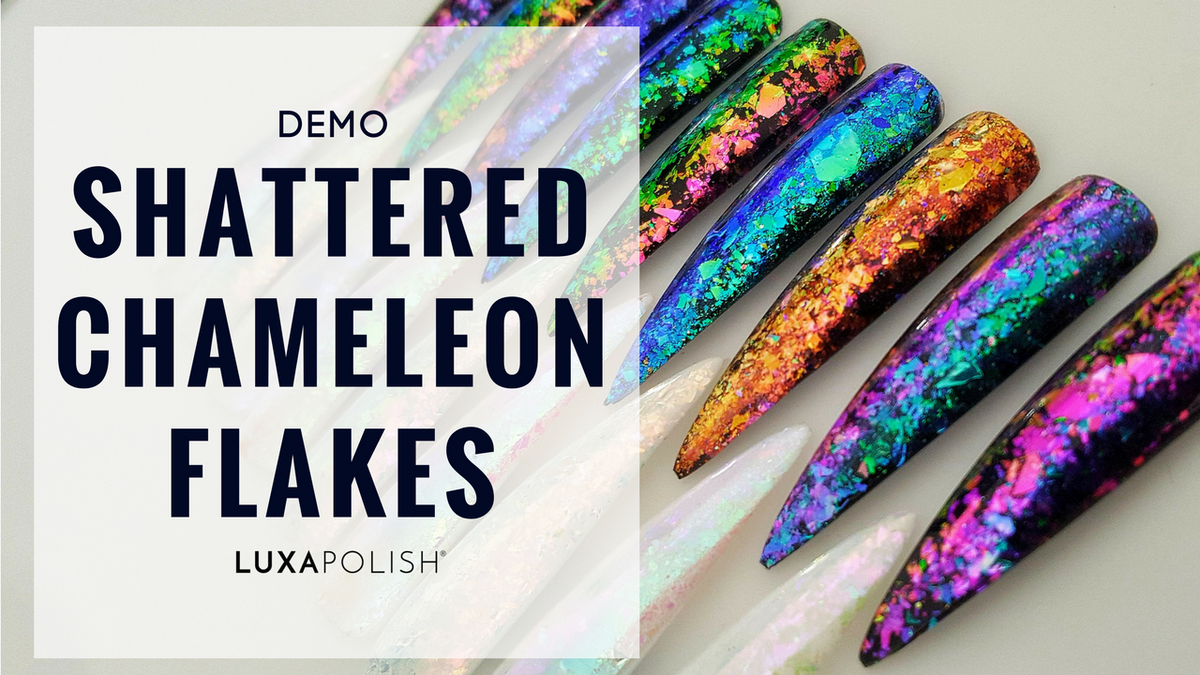 Promotional banner showing DEMO SHATTERED CHAMELEON FLAKES headline and stiletto nail swatches with multicolored iridescent flakes
