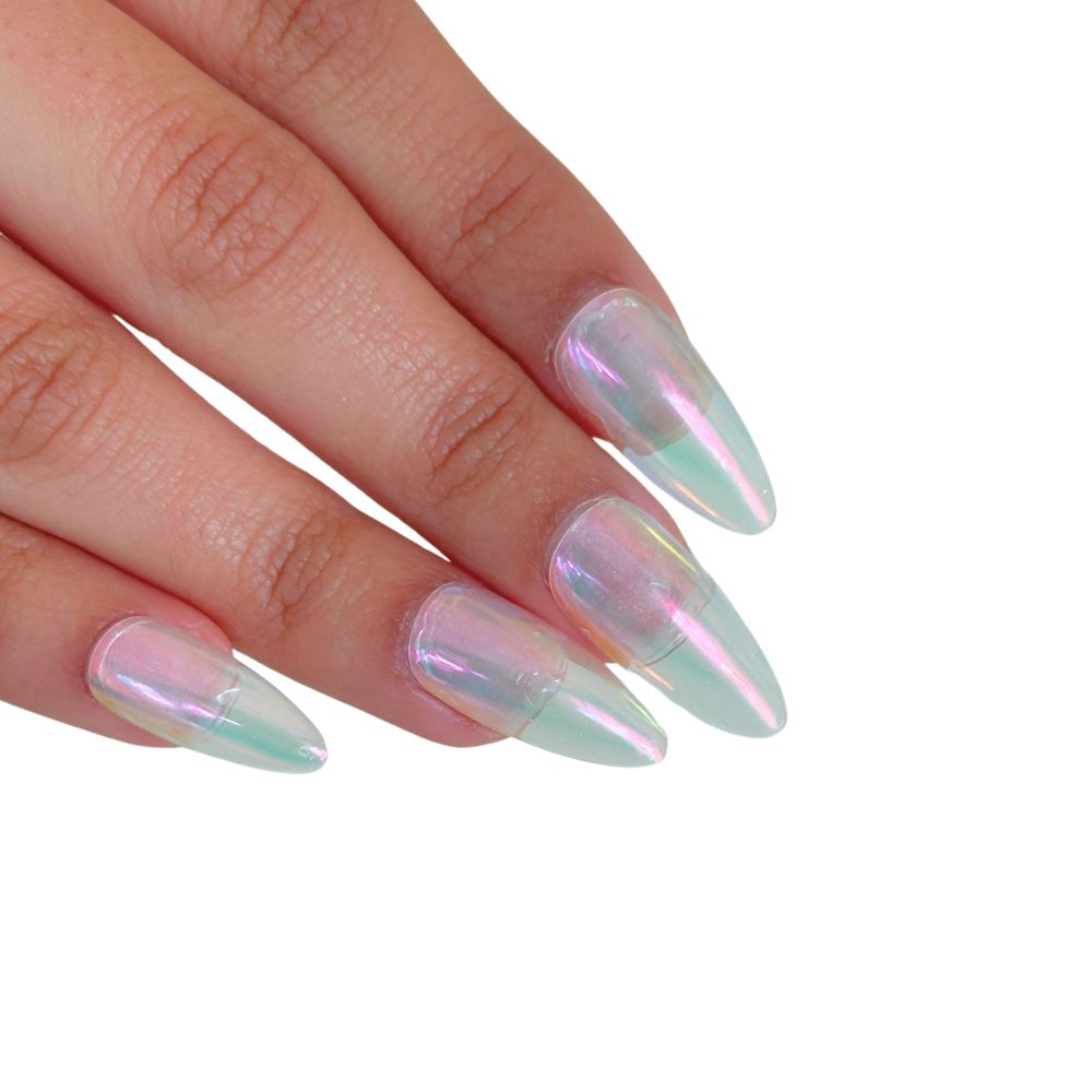 Angled close-up of Coral Voltage neon oil slick on stiletto nails showing iridescent coral-to-green chrome shift on white