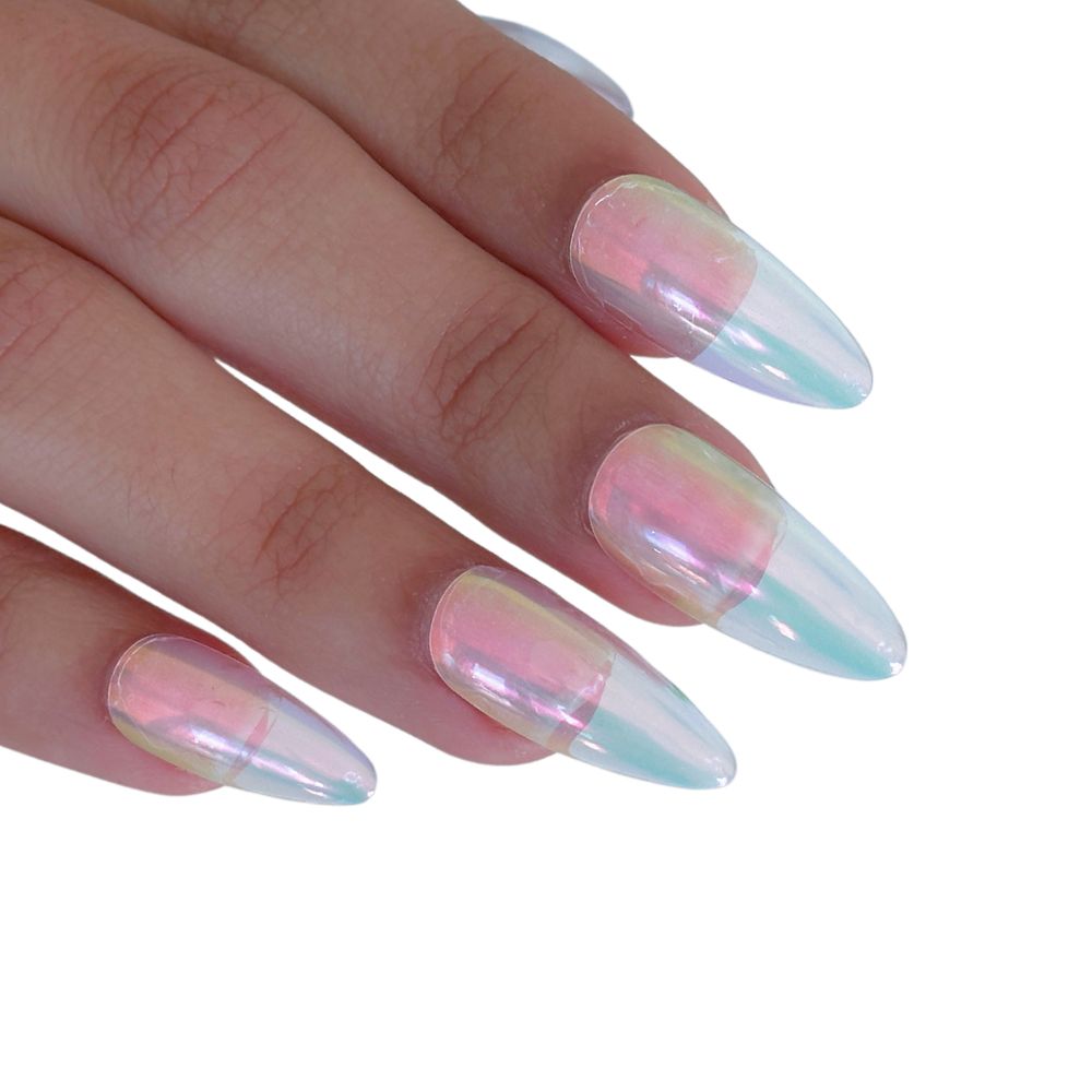 Close up of almond nails showing Hyper Candy Neon Oil Slick iridescent chrome with pastel pink and blue shifts on white background