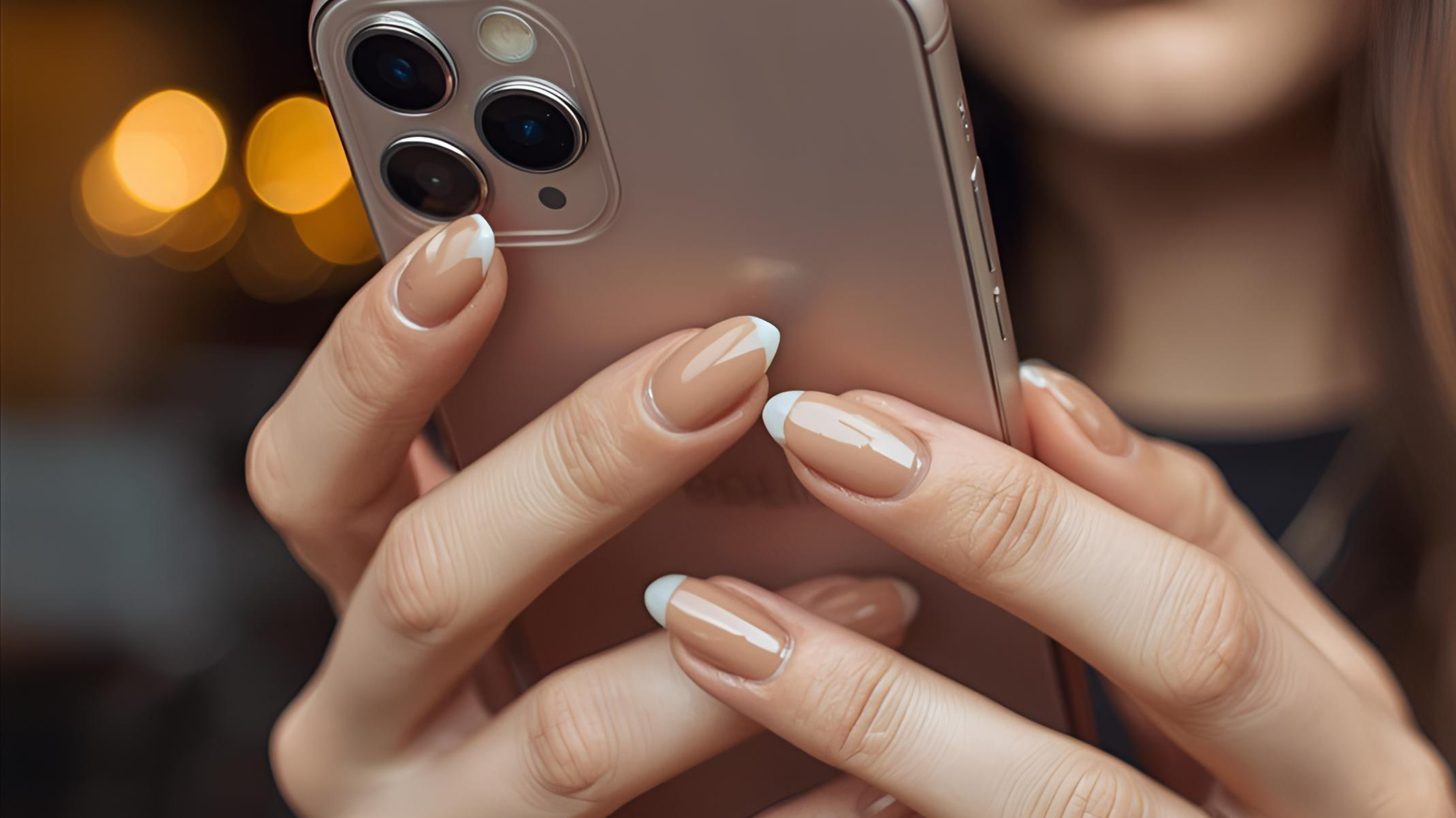 Hands with glossy nude French manicure holding a smartphone against a blurred warm bokeh background