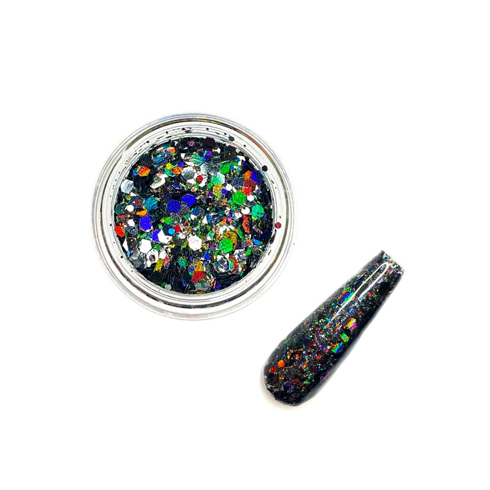 Rainbow Land Glitz: Fine & Chunky Solid Metallic Black Holographic Nail Glitter